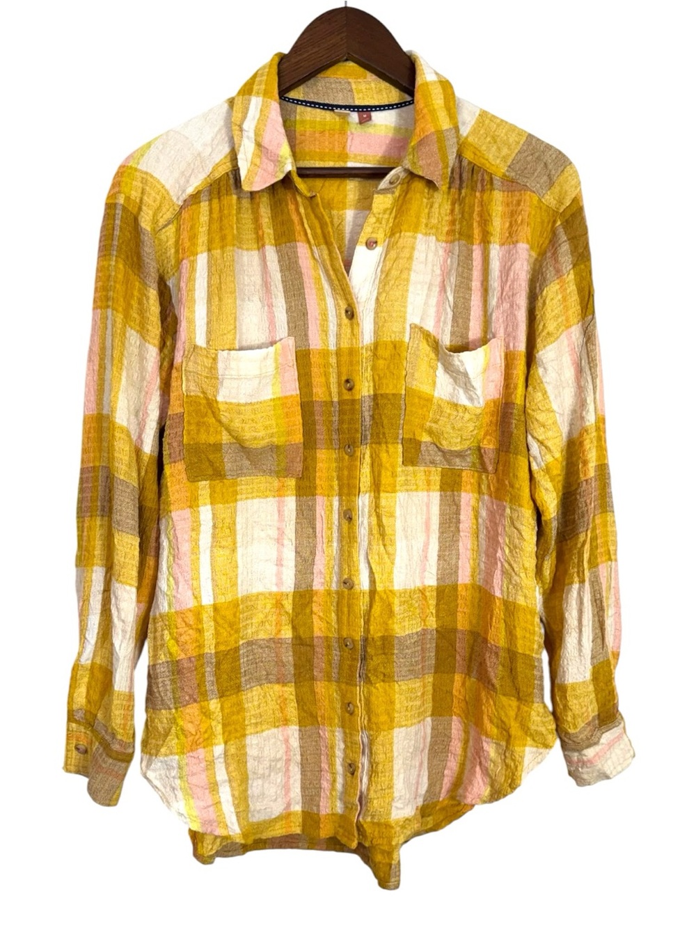 Anthropologie Pilcro Yellow Pink Plaid Button Down Shirt Tunic Medium Pockets